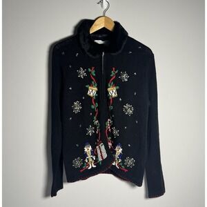 Vtg Victoria Jones Christmas Cardigan M Black Embroidered Zip Front Fur Collar‎